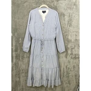 Duffield Lane Size M  Blue Stripe  Maxi Dress Button Front Long Sleeve Rayon 50"